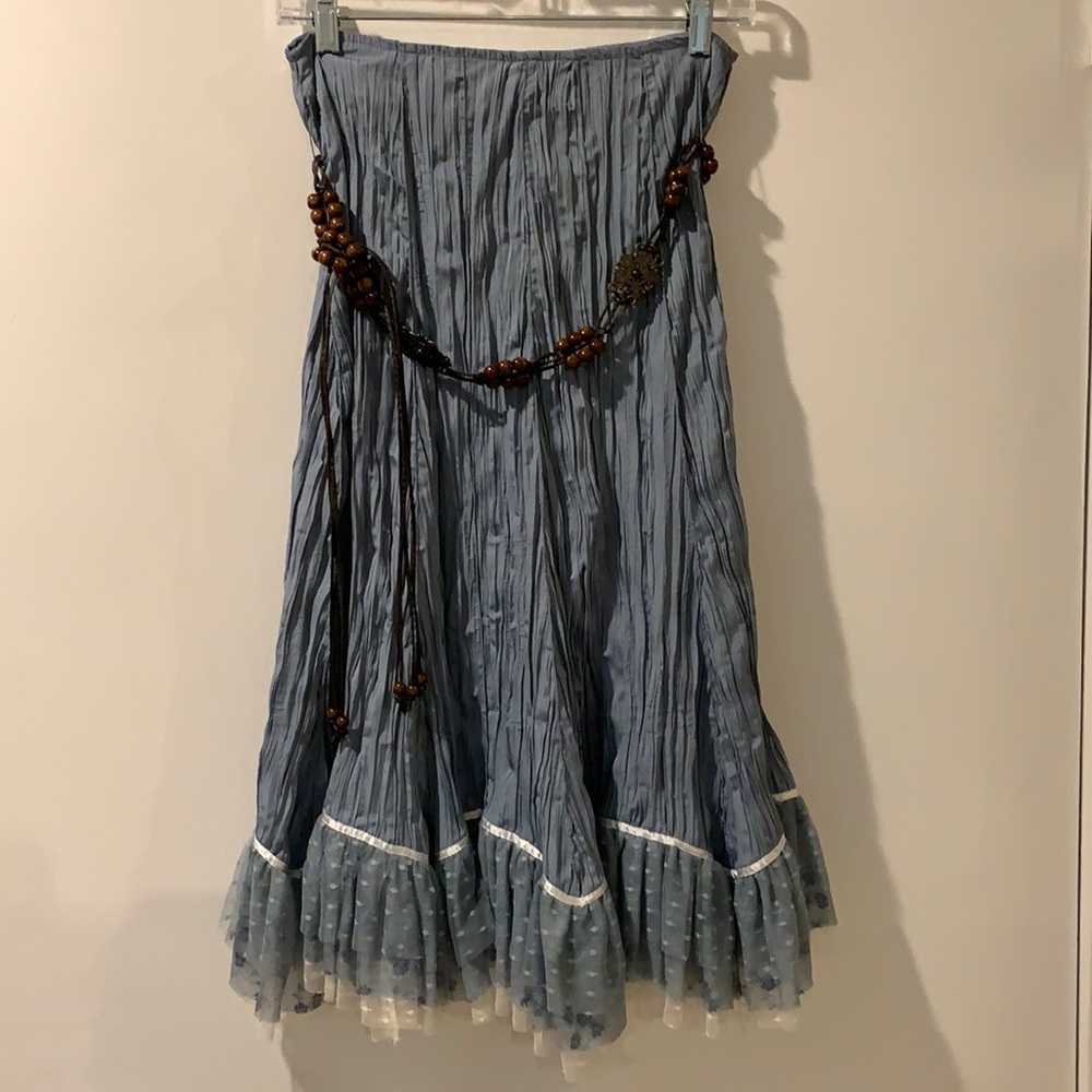 Blue Crepe Midi Skirt With Brown Accent Belt